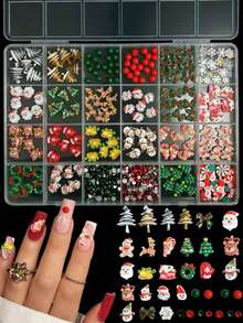 1盒随机混合ABS卡通圣诞美甲饰品，3D圣诞老人、圣诞树、雪人、铃铛、可爱圣诞蝴蝶结花环，镶嵌红色和绿色水钻，美甲配件DIY美甲 - 彩色 - 查看 4