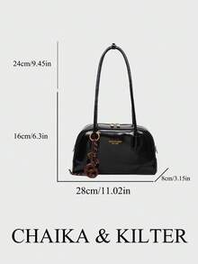 1 Peça Bolsa de Ombro em Tecido PU Brilhante de Cor Sólida CHAIKA & KILTER, Bolsa de Boliche de Grande Capacidade e Moda Feminina, Design de Alça Dupla com Fechamento de Zíper, Adequada para Uso Diário e Externo (Vendida com Pingente)