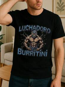 Camiseta de algodón de verano para hombre, estilo casual con estampado gráfico de Luchador, camisetas básicas negras lisas para uso diario, ropa esencial de verano para hombre, camiseta de manga corta con cuello redondo, estilo urbano y atrevido. - Negro - Ver 2