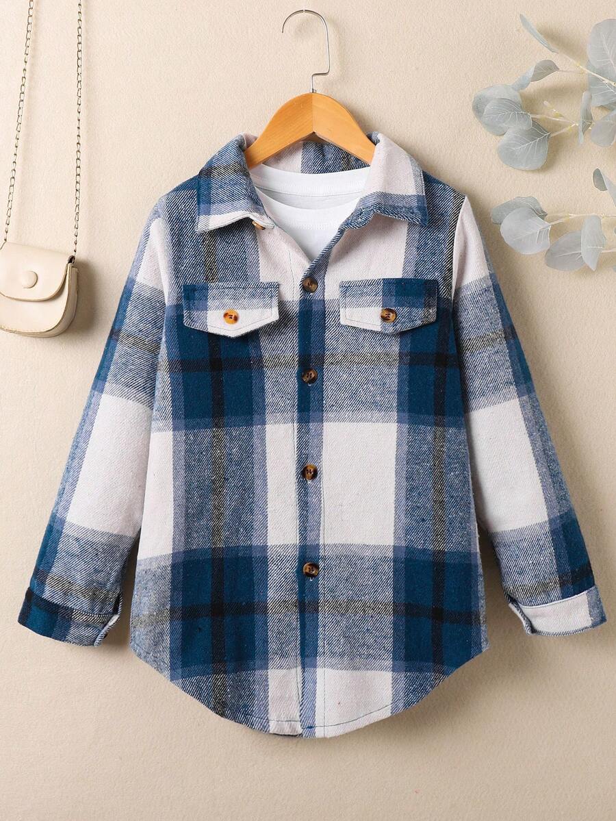 Tween Girl Casual Plaid Button-Up Shirt With Curved Hem, Spring/Autumn - Blue and White - View 1