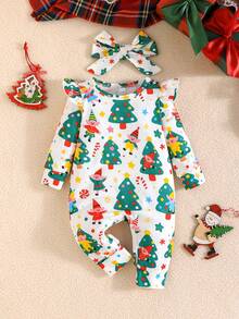 2pcs/Set Baby Girls' Christmas Element Print Long Sleeve Jumpsuit With Headband - Multicolor - View 3