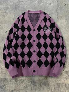 ANDREILEE 秋冬新款男士休闲宽松纯色棋盘格英文字母复古浪漫街头风V领纽扣罗纹针织长袖开衫 - 紫色 - 查看 2