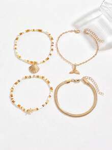 4pcs/Set Gold Starfish Handmade Random Beaded Anklet, Simple Metal Thick Snake, Shell, Fish Tail Pendant Foot Jewelry For Women, Suitable For Daily Wear, Travel And Vacation