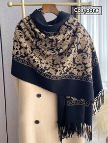 1pc Faux Cashmere Embroidered Soft Scarf For Women, Thick Warm Tasseled Boho Style Travel Poncho Shawl, Autumn/Winter - Multicolor - View 12