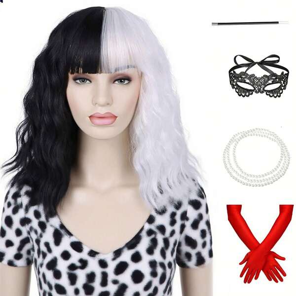 6Pcs Set (Wig+ Gloves+ Cigarette Rod+ Lace Mask+ Necklace+ Wig Cap) Black And White Wigs For Women Costume Half Black Half White Short Bob Curly Wigs For Women Shoulder Length Heat Resistant Synthetic Wigs For Party Halloween Cosplay