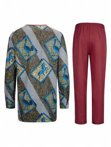 Men's Casual Long-Sleeved Two-Piece Suit, Mid-Length Top And Trousers - 酒紅色 - 查看 3