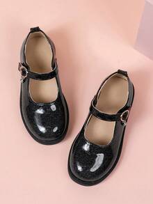 Zapatos planos de princesa/estudiante de moda brillantes y negros para niñas pequeñas, versátiles para primavera y otoño