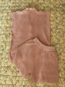Women's Knit Set Shorts And Maxi Vest With Buttons Shirt Blouse Women's Fashion Summer Comfortable New 2025 - 藕粉色 - 查看 2