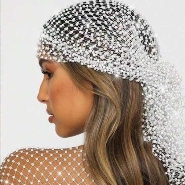 1pc Rhinestone Elastic Headband Hat, Rhinestone Elastic Mesh Fishnet Cap Accessory