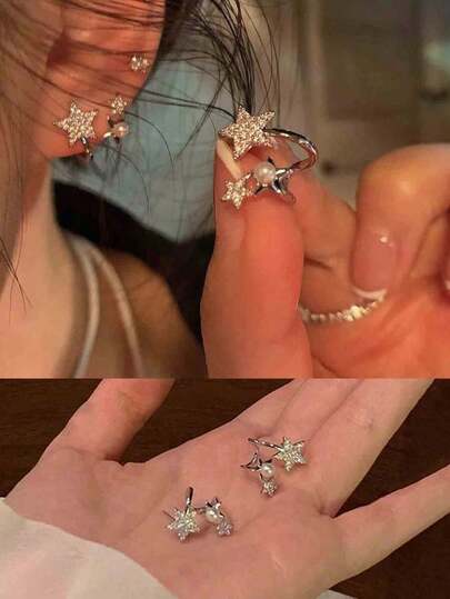2pcs Fashionable Y2k Style Star, Rhinestone & Simulated Faux Pearl Clip-On Earrings For Party, Date, Gift, Daily Wear