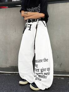 1件 Infinite Jeans 美国休闲品牌拼接男士个性化印花喇叭裤，宽松舒适的街头风阔腿裤（不含腰带和配饰） - 白色 - 查看 5