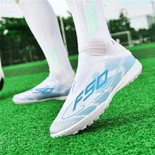 Laceless Sock-Style Insole And Seamless Rubber Outsole Football Shoes | Men's & Youth Slip-On Artificial Turf Soccer Cleats | Multi-Terrain Football/Training Shoes For Indoor/Outdoor Practice - White and Blue - View 5