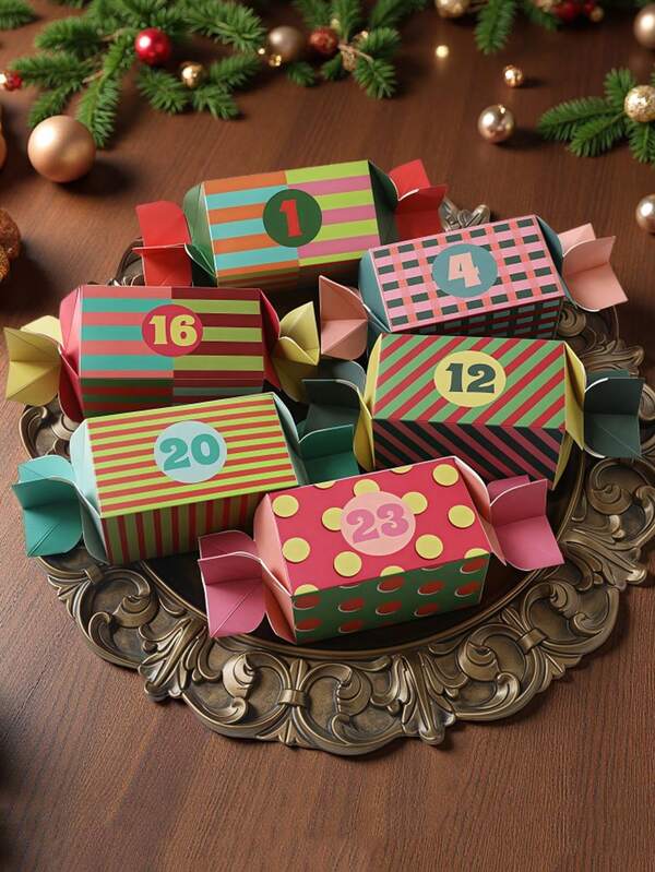 Conjunto de 24 caixas de presente de Natal, caixas de calendário do Advento em formato de doces, decoração natalina, calendário do Advento vazio para fazer você mesmo com contagem regressiva de 24 dias, com desenhos de Papai Noel, rena e floco de neve, para lembrancinhas de festa de Natal, decoração de casa, decoração de Natal, decoração de quarto e decoração de inverno.