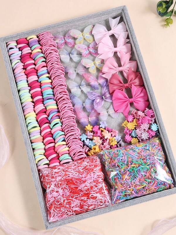 1281 Pcs Girls Colorful Mini Disposal Hair Rubber Bands Basic Hair Ties Butterfly Ribbon Bow Hair Clips Daily Flower Hair Claw Clips, Cute Multi-Style Ponytail Holders Ribbon Hair Bows Butterfly Hairpin Hair Barrette Hair Accessories Set For Holiday Parties Gifts And Daily Use