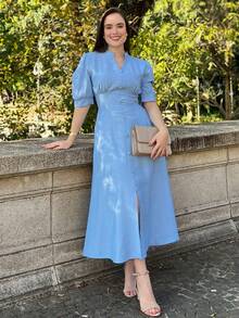 MARRANT PLAIN MIDI DRESS Simple Button Contrasted Waist WOMEN'S SUMMER FASHION - Baby Blue - View 10