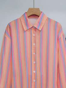 优雅女士商务休闲女装，彩虹条纹印花修身女式衬衫