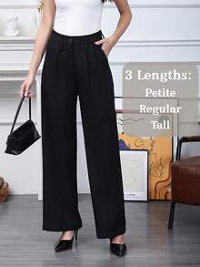 Women's Petite/Regular/Tall 3 Lengths Wrinkle-Free Flowy Office Dress Pants Slacks Breathable Workout Casual Wide Leg Stretchy High Waist Business Trousers - 黑色 - 查看 1