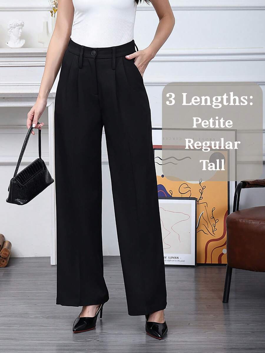 Women's Petite/Regular/Tall 3 Lengths Wrinkle-Free Flowy Office Dress Pants Slacks Breathable Workout Casual Wide Leg Stretchy High Waist Business Trousers - 黑色 - 查看 1