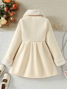 1 pieza Abrigo con cuello de lazo decorado con perlas falsas y puños de peluche para niñas, lindo y elegante, adecuado para otoño/invierno
