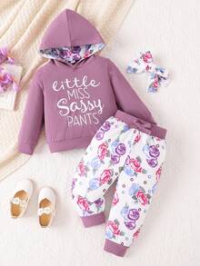 女婴休闲字母印花连帽衫和裤子套装，春秋 - 紫色 - 查看 1