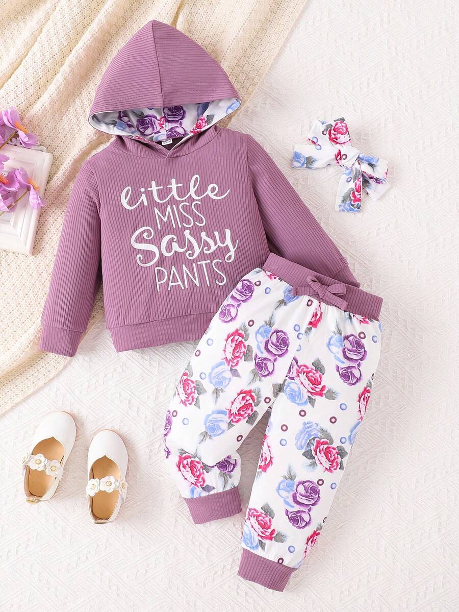 女婴休闲字母印花连帽衫和裤子套装，春秋 - 紫色 - 查看 1
