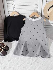 2pcs Set: Floral Lace Trim Solid Color Long Sleeve T-Shirt And Bow Print Sleeveless Midi Dress, Suitable For Outdoor, Casual Daily Wear - Black - View 2