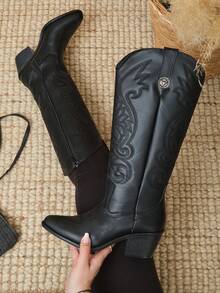botas vaqueras  Liso    Cowboy    Tela    Cremallera lateral  Bordado    botas  Vacaciones    otoño - Negro - Ver 1
