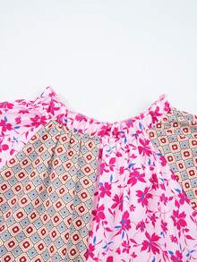 Acelitt Blusa casual de mujer con estampado floral mixto, escote en V, mangas abultadas y hombros descubiertos, estilo bohemio, adecuada para usar de vacaciones en primavera/otoño - Multicolor - Ver 7