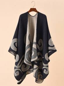 1pc Women Elegant Floral & Cloud Pattern "Poncho" Scarf, Casual Warm & Soft Shawl For Autumn/Winter - Multicolor - View 3