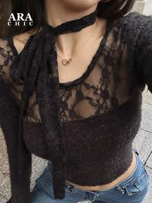 ARA CHIC Black Striped Lace Camisole, Slightly Sheer Effect, Showcases A Pure And Charming Style, Fitted Long Sleeve Top, Suitable For Dates And Office Occasions, Spring New Arrival - Black - View 6