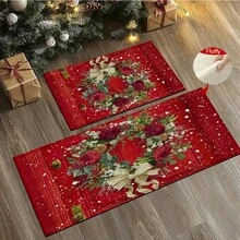 1pc Christmas Rose Pattern Bathroom Anti-Slip Mat, Made Of Artificial Cashmere With Plush Decoration, Is Suitable For Bathrooms, Doorways, Kitchens And Other Occasions. It Can Be Machine Washed, Is A Holiday Decoration And Can Be Given As A Gift