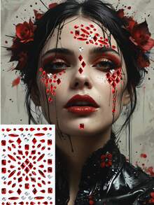 1pc Red Rhinestone Face Sticker, Suitable For Halloween Blood Tear DIY Decoration, Bridal, Stage Performance, Holiday Party, Gathering Makeup, Available In Various Shapes Like Diamond, Round, Teardrop, Oval, Customizable For Both Men And Women