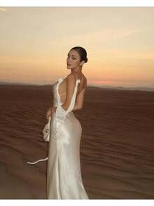 2025 Spring And Autumn Women's Dress Celebrity Pure Desire White Satin Halter Party Dress - 白色 - 查看 4