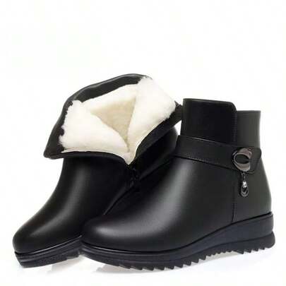 Thermal Lined Short Boots For Autumn/Winter, Non-Slip Mother's Shoes Flat Heel Mid-Calf Warm Black Boots