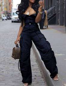 Sweet And Cool Fashion Women's Y2K Style Workwear Jumpsuit, Denim Jumpsuit, Denim Workwear, Mid Waist Non Elastic, Waist Cinching And Hip Lifting, Loose And Slimming, Suitable For All Seasons, Paired With Multi Pocket Design,  And Cool, Suitable For Back To School Season, Hot Girls, Work, Outdoor Work, Outdoor Activities, Travel, Streets, Nightclubs, Parties, Fashion Shows - 藏蓝色 - 查看 4