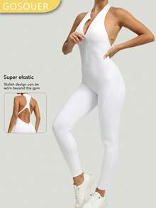 Women Tight Zipper Front Jumpsuit With Backless & Peach Butt Designs, Yoga & Fitness - White - View 2