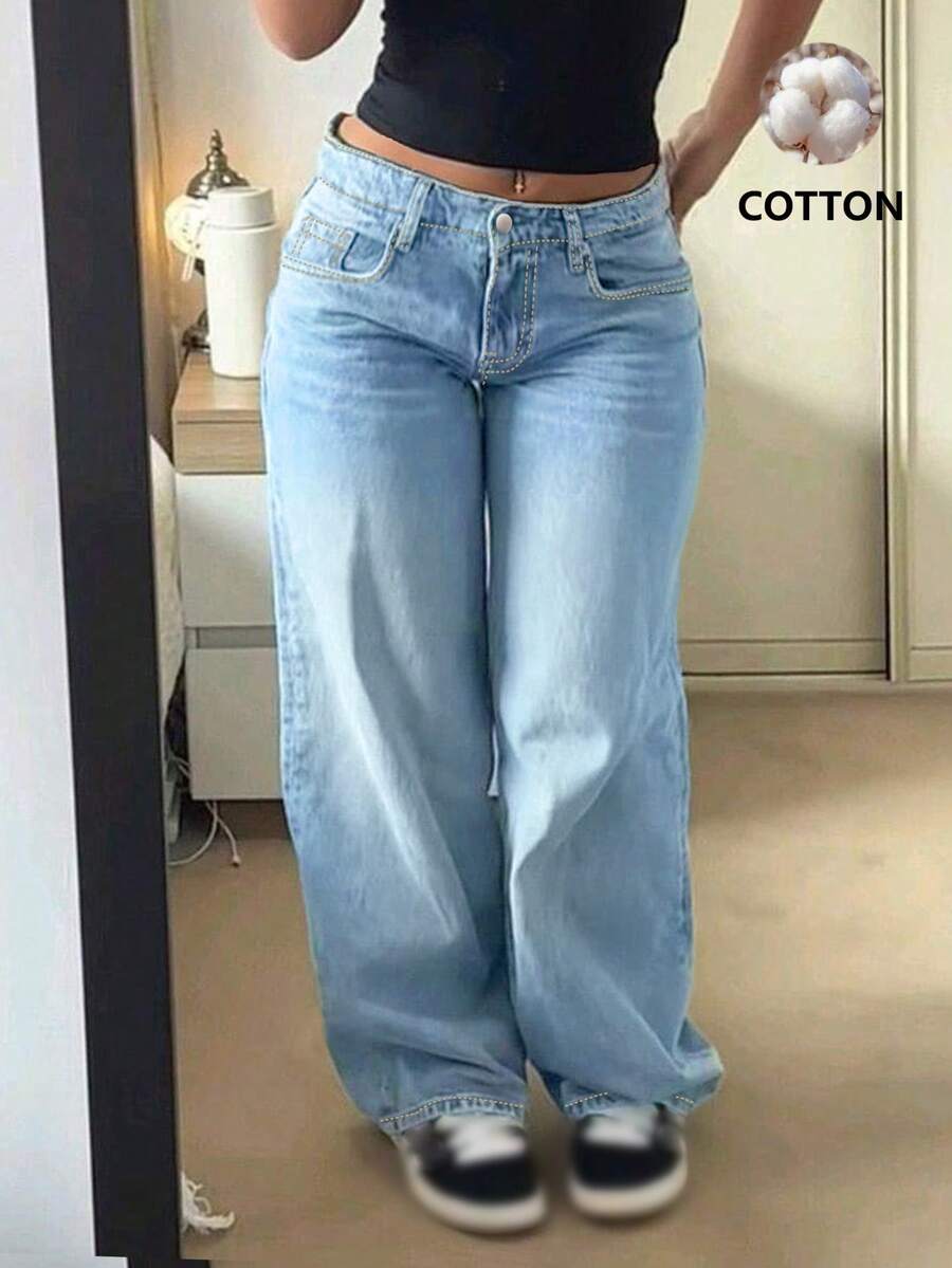 New Fashion Wide Leg Jeans For Women, Mid Waist Loose Straight Leg Vintage Style Versatile Denim Pants Casual Spring Fall - Light Wash - View 1