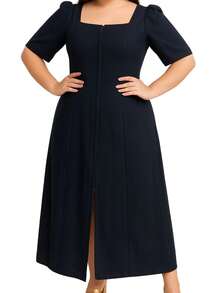 Women's Midi Dress Casual Party Plus Size Short Sleeve Elegant Tailoring - Navy Blue - View 1