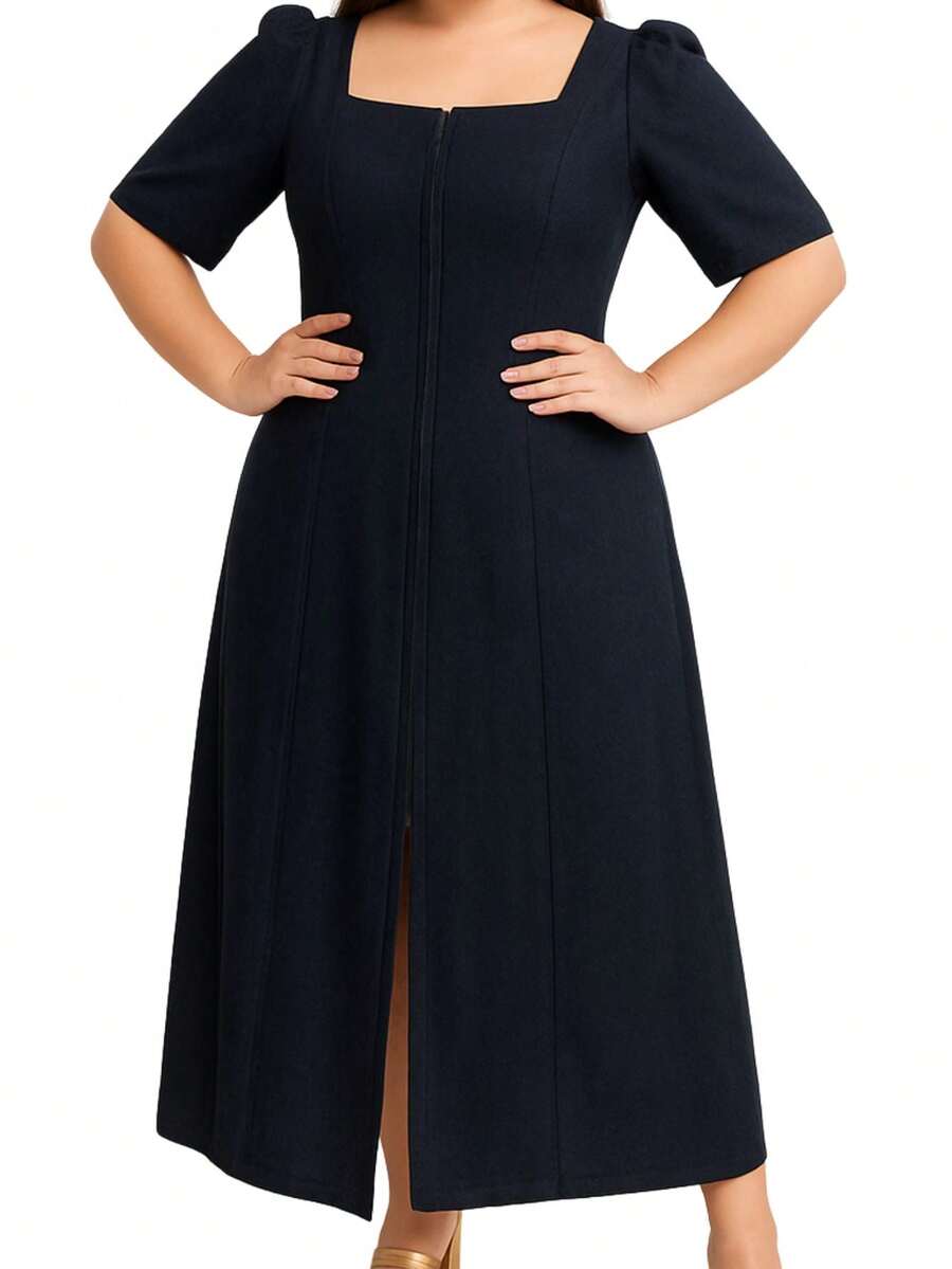 Women's Midi Dress Casual Party Plus Size Short Sleeve Elegant Tailoring - Navy Blue - View 1