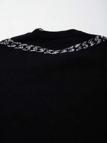 Men's Casual Loose Solid Color Pullover Sweater With Cross And Rose Graphic, Vintage American Gothic Style, Long Sleeve Knitted Top For Autumn And Winter - Black - View 9