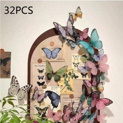 32pcs/Set Colorful 3d Pvc Butterfly & Flower Bunch Decorations For Packaging, Adornment, Selfie, Live Broadcast Background, Diy Hanging Decoration Jew
