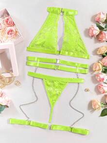 Halter Heart Ring Cutout Chain Floral Lace Sheer Garter Belt Lingerie Set 3 Piece - 霓虹綠 - 查看 6