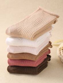 12/6 Pairs Baby/Kids Crew Socks, Toddler Girls Solid Color Thermal Socks, Casual Warm Socks For Daily Wear, Gift, Black White Khaki Brown, Autumn Winter