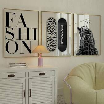 1/3pcs Frameless Black White Wall Art Set, Modern Chic Apartment Decor, 777 Leopard Print, Bold Typography Poster, Stockholm Skateboard Print For Room, Dorm, Party Gift Room Decor,