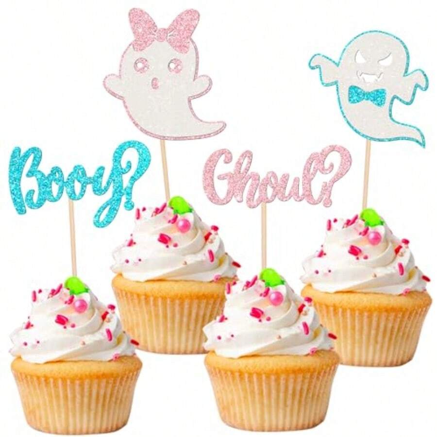 D24 PCS Halloween Gender Reveal Cupcake Toppers Pink Blue Glitter Ghost Halloween Booy Or Ghoul Cupcake Picks For Halloween Gender Reveal Theme Birthday Party Cake Decorations Supplies10