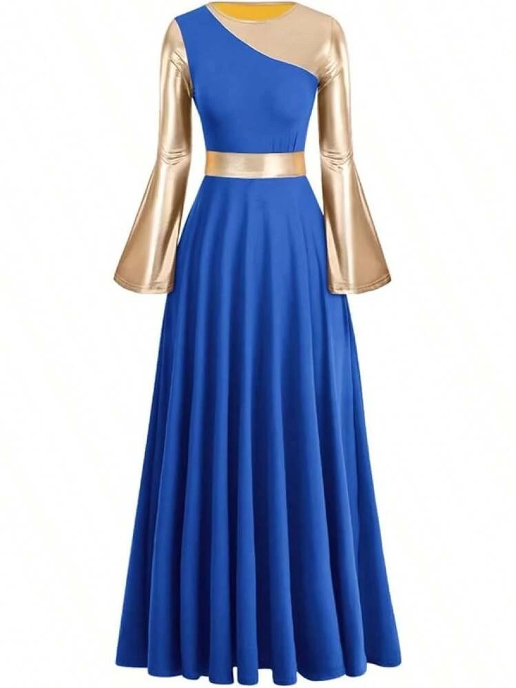 IBAKOM Liturgical Praise Dance Worship Long Dress For Women Metallic Gold  Color Block Loose Fit Full Length Church Dancewear | SHEIN USA