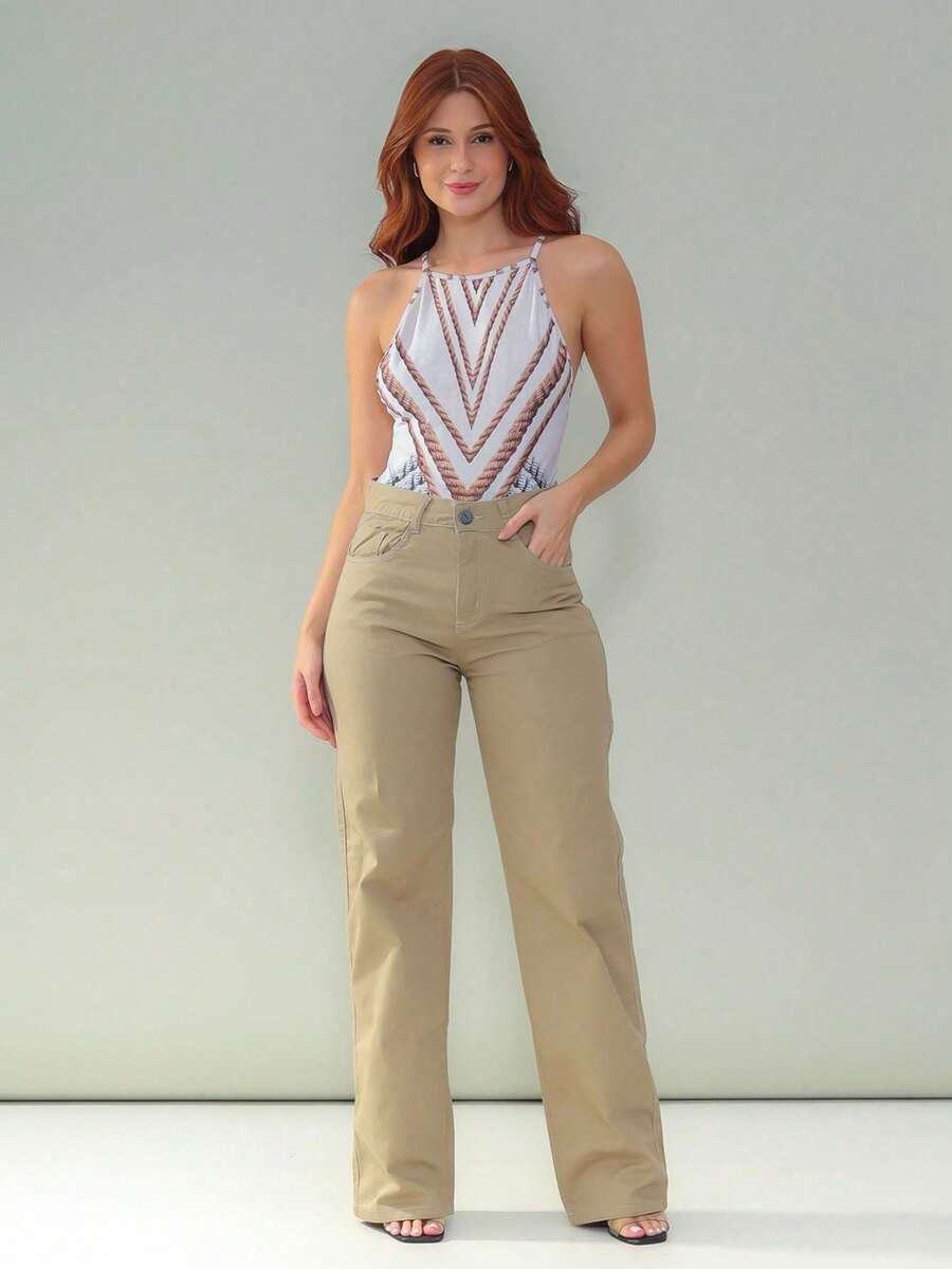 Wide Leg Feminine Plain - Caqui - Ver 1