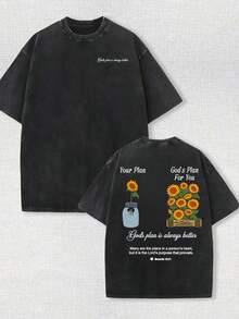 230g Double-Sided Washable, God's Plan Is Far Behind You Printed T-Shirt, High-Quality Wax Printed Cotton Retro Fashion Brand T-Shirt, Men's T-Shirt, Beach Essential, Summer T-Shirt, Holiday Gift, Perfect Gift - 黑色 - 查看 1