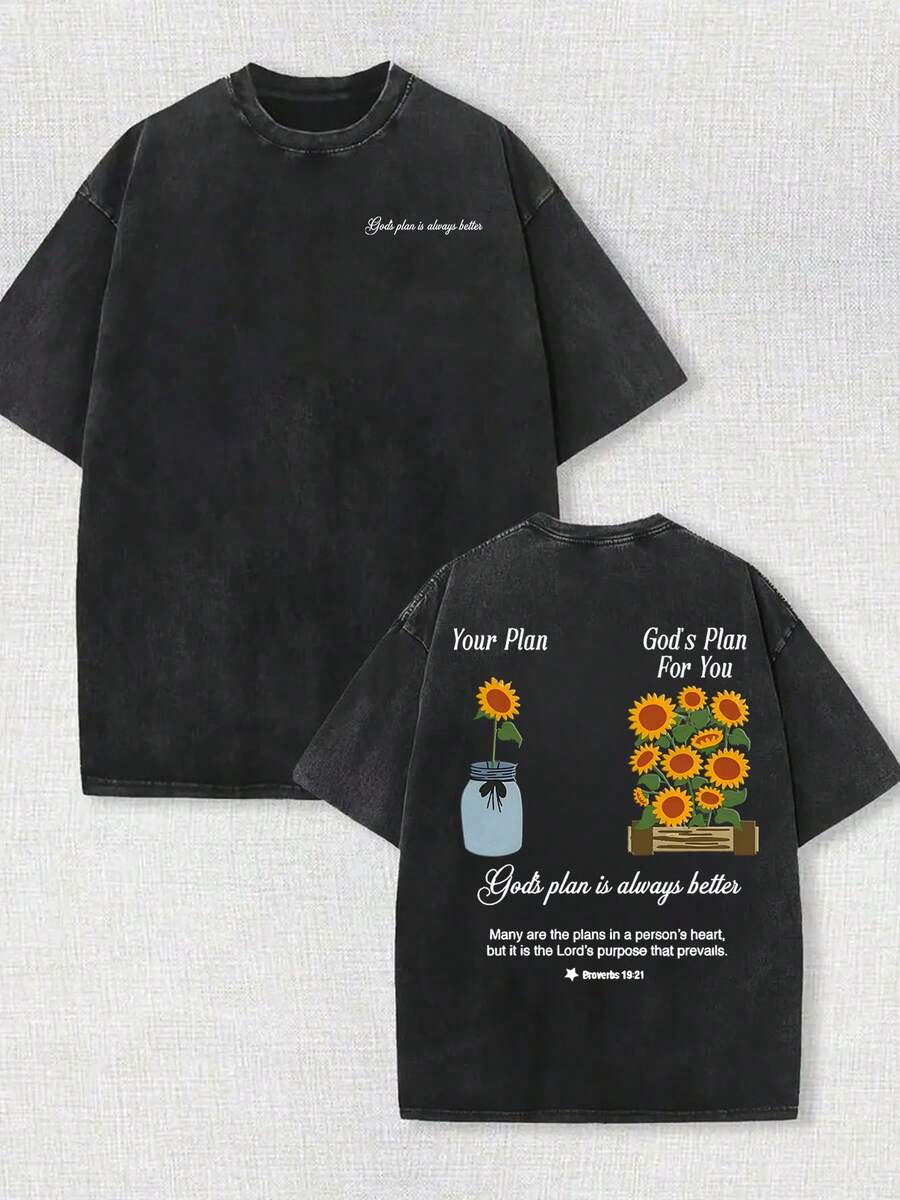 230g Double-Sided Washable, God's Plan Is Far Behind You Printed T-Shirt, High-Quality Wax Printed Cotton Retro Fashion Brand T-Shirt, Men's T-Shirt, Beach Essential, Summer T-Shirt, Holiday Gift, Perfect Gift - 黑色 - 查看 1