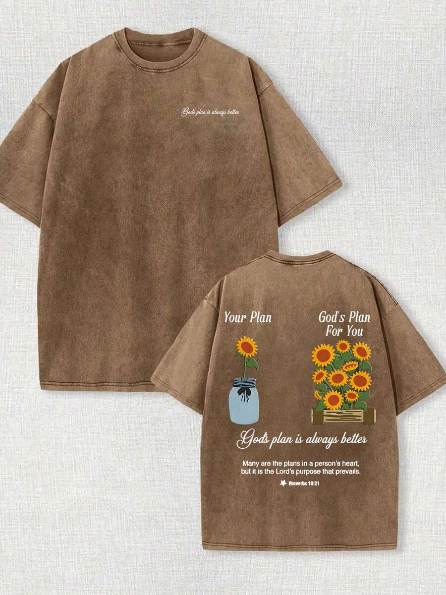 230g Double-Sided Washable, God's Plan Is Far Behind You Printed T-Shirt, High-Quality Wax Printed Cotton Retro Fashion Brand T-Shirt, Men's T-Shirt, Beach Essential, Summer T-Shirt, Holiday Gift, Perfect Gift - Màu nâu - Xem 1